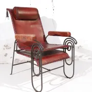 French art deco lounge chair in wrought iron and leather with footrest