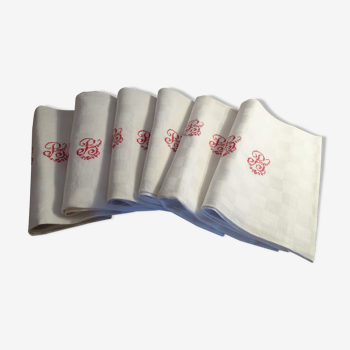 6 embroidered napkins damask and monogrammed BB. 86 x 72