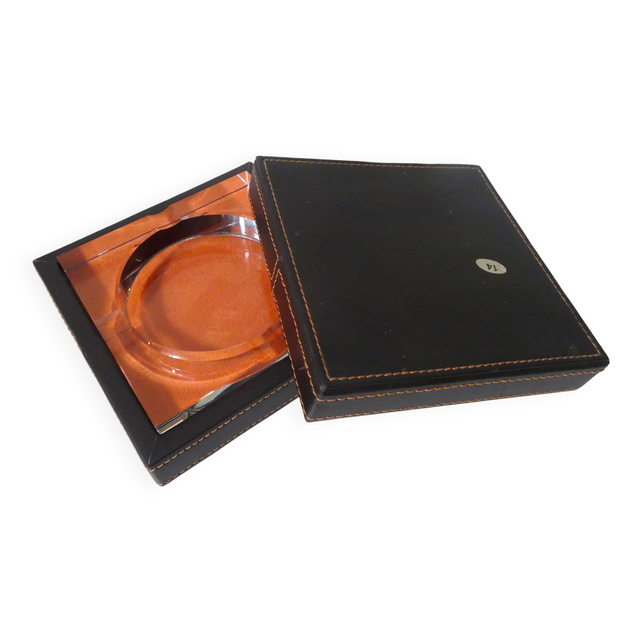 Coffret cendrier en verre et cuir vintage
