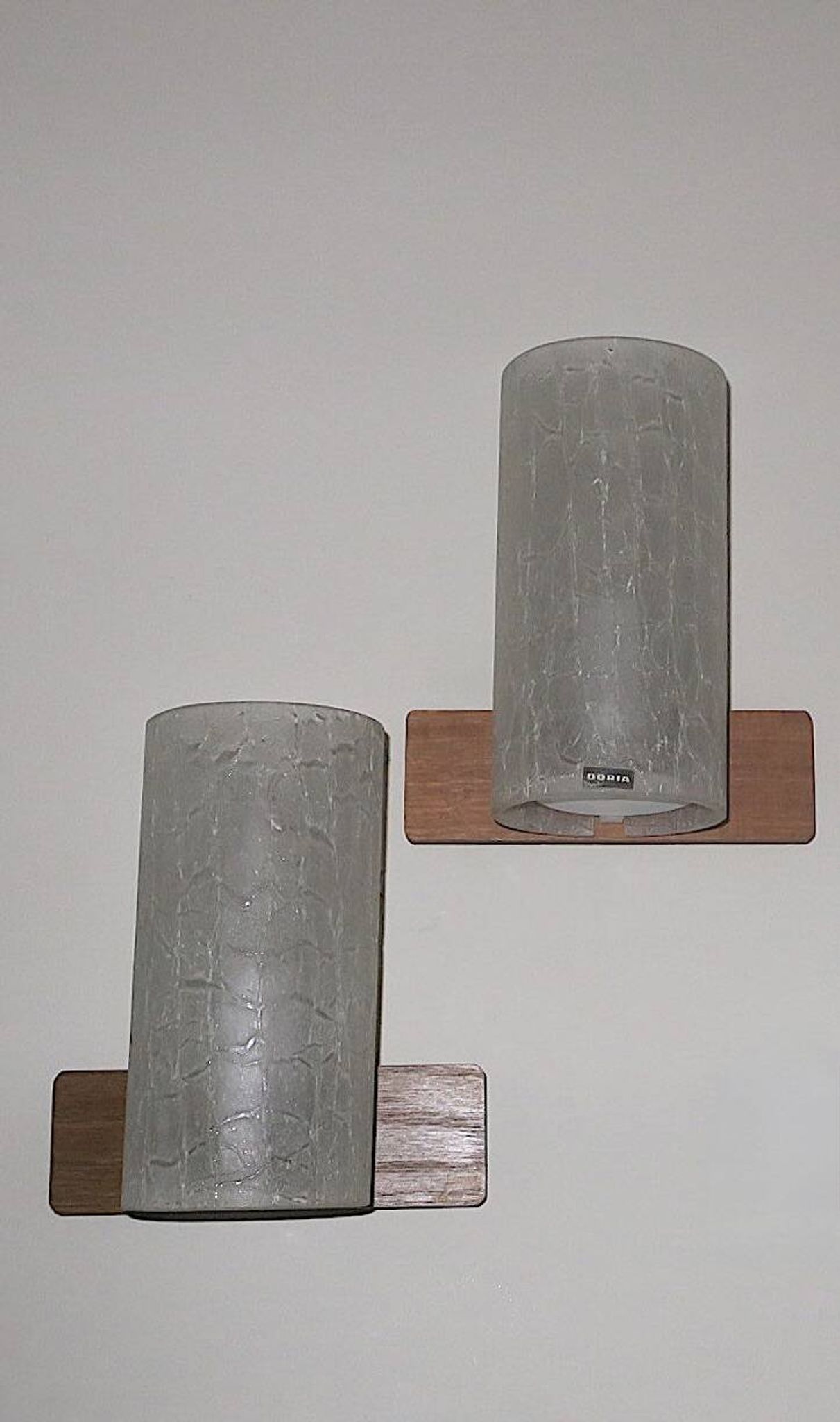 Pair of Doria crackled frosted glass and teak wall lights, 1960s