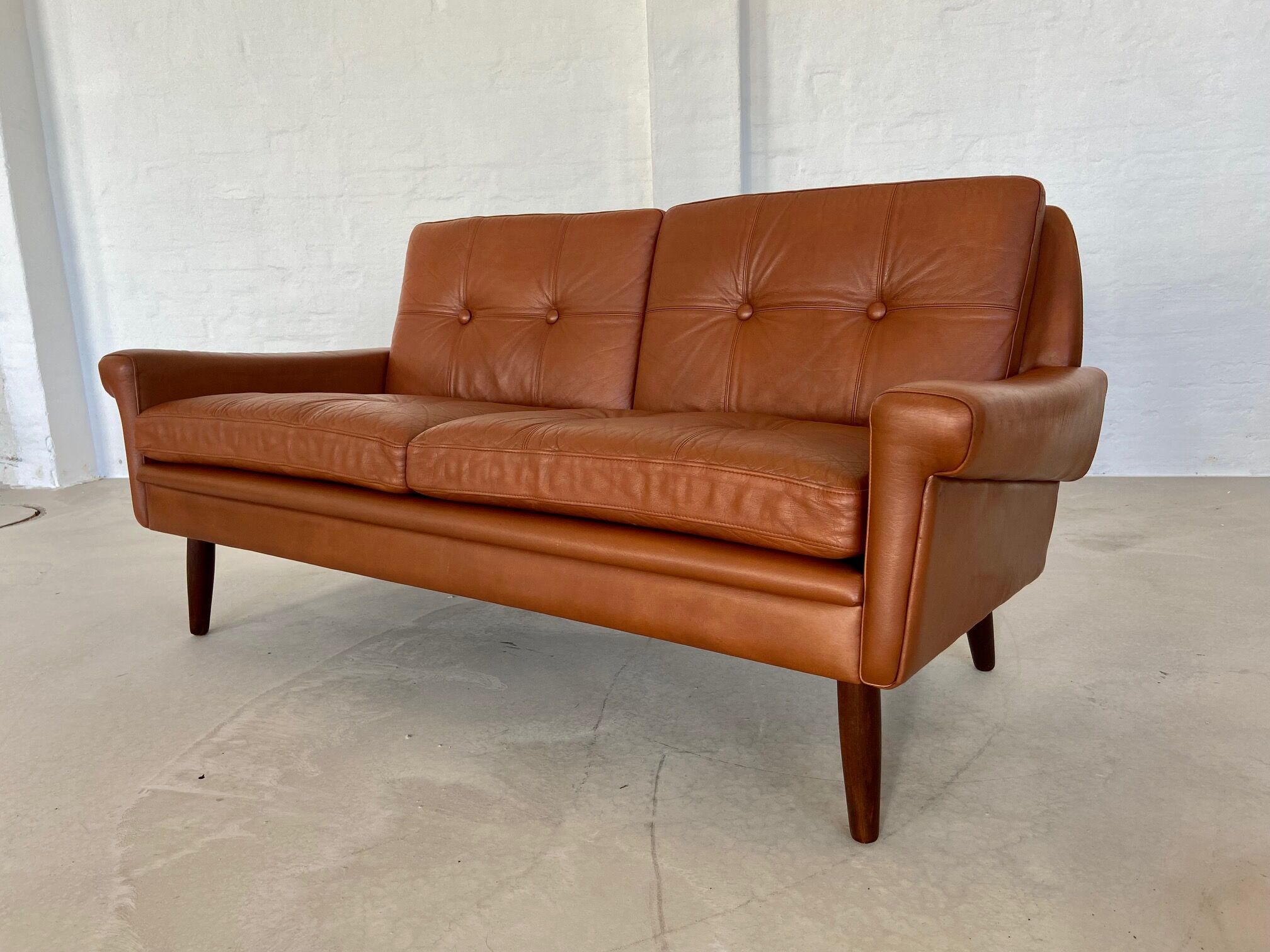 Vintage Danish mid-century Svend Skipper 2 person cognac leather sofa