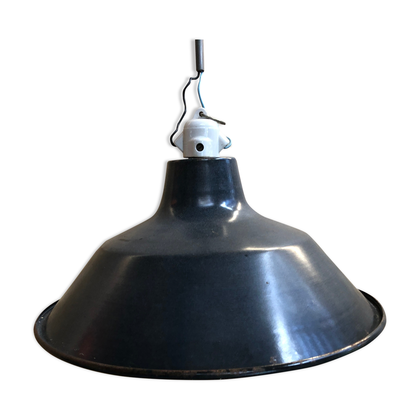 Old pendant lamp workshop metal enamel blue & white vintage ceramic socket