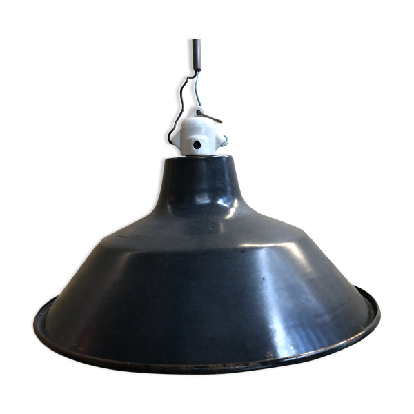 Ancienne suspension atelier métal émaillé bleu & blanc douille céramique vintage