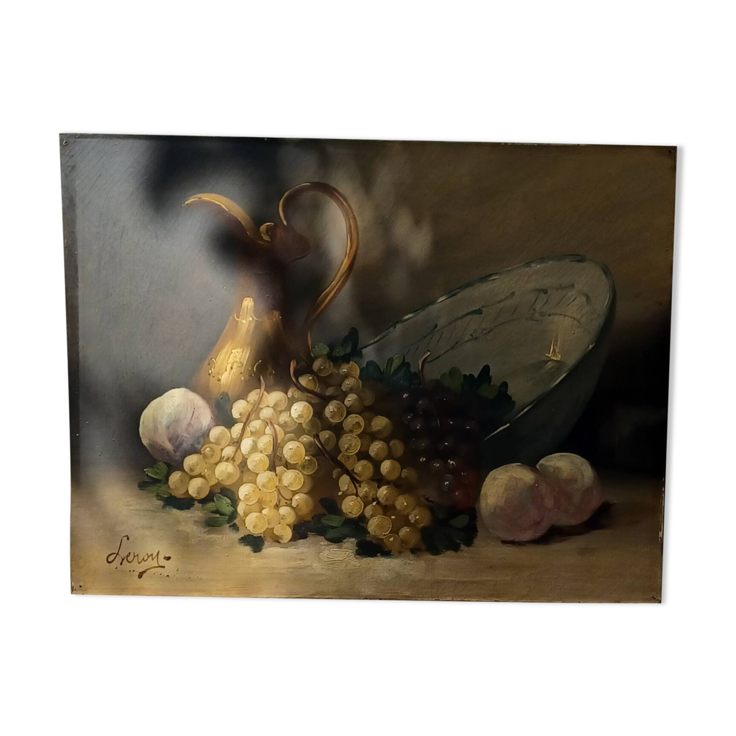 Tableau fin 19eme signe leroy . nature morte a l'aiguiere