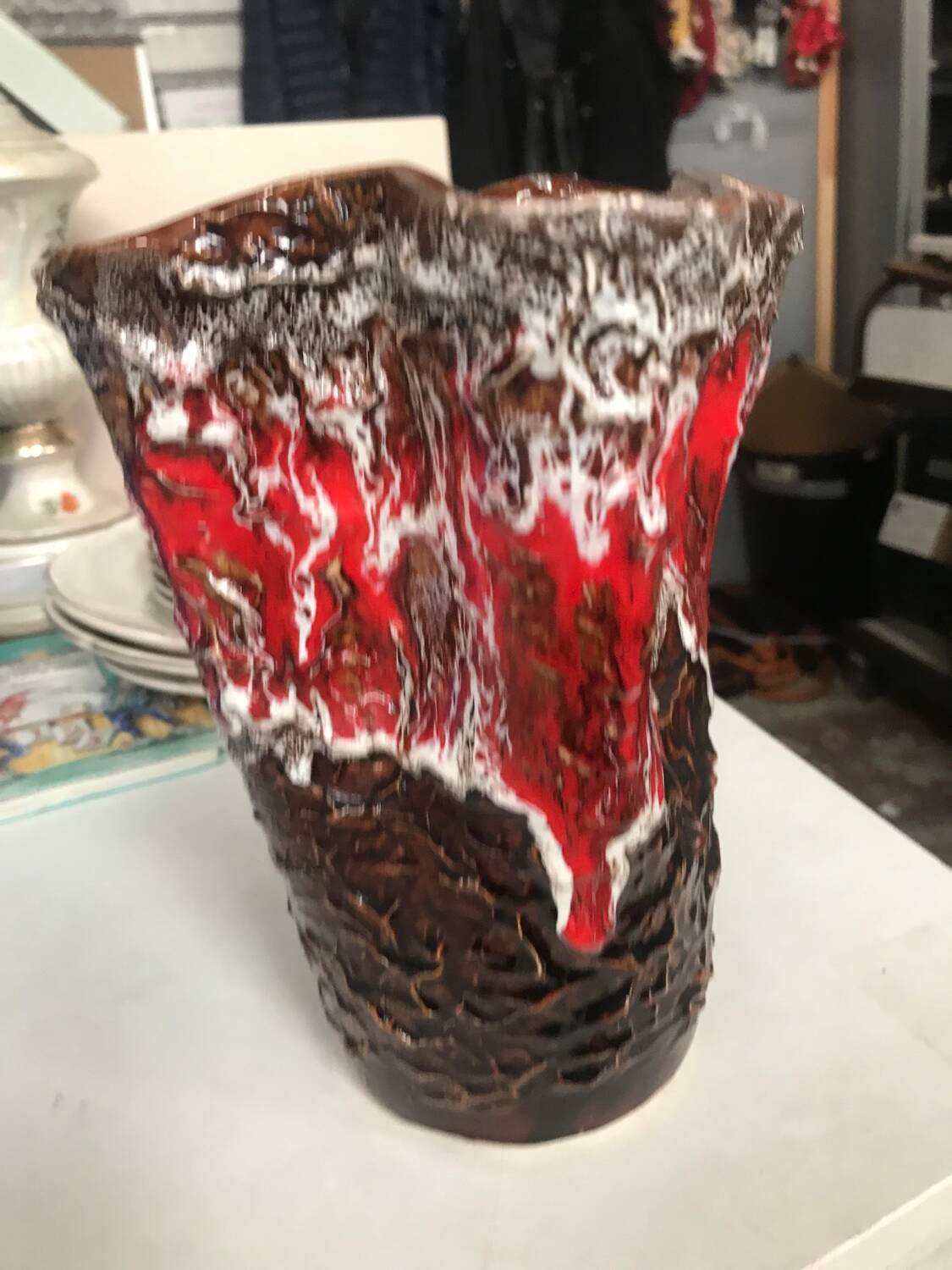 Vase in Vallauris earthenware, red, brown and white.