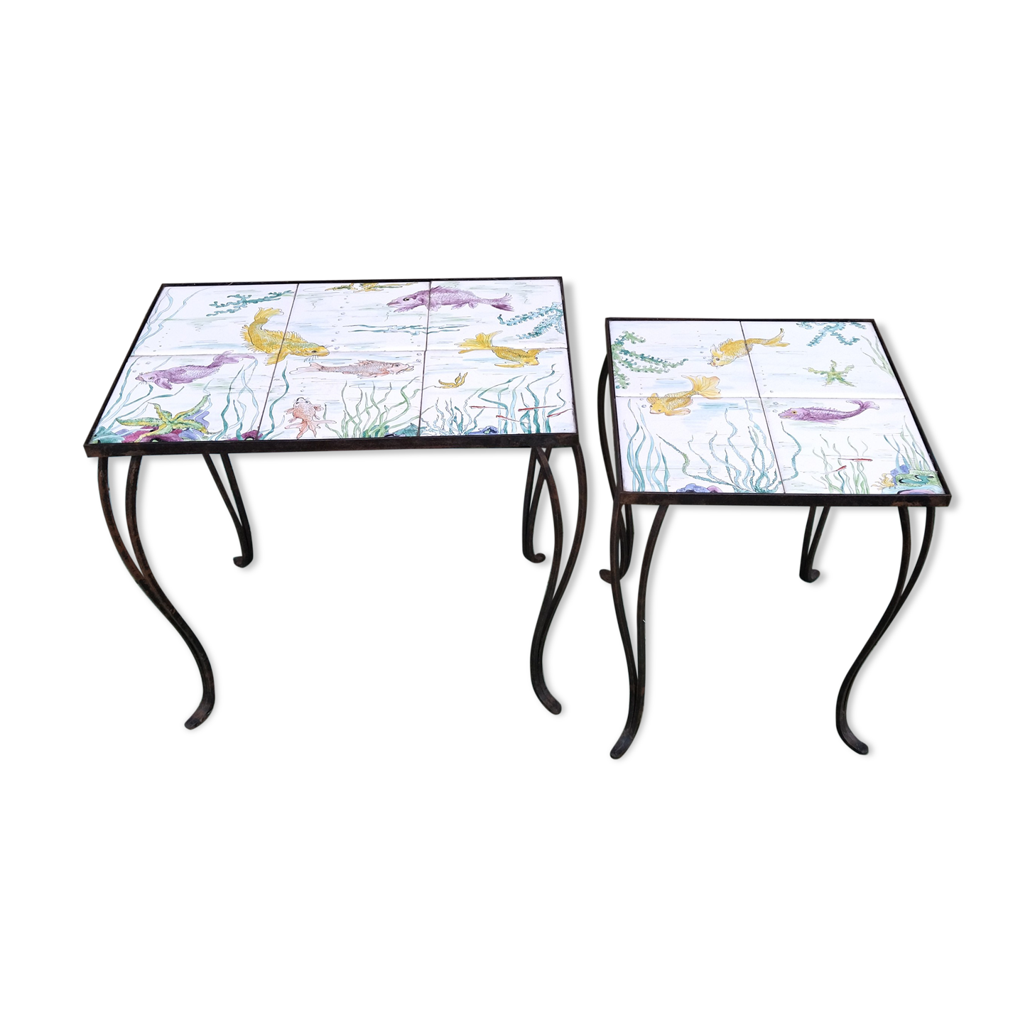 2 coffee tables wrought iron and lake tiles signed