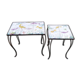2 coffee tables wrought iron and lake tiles signed