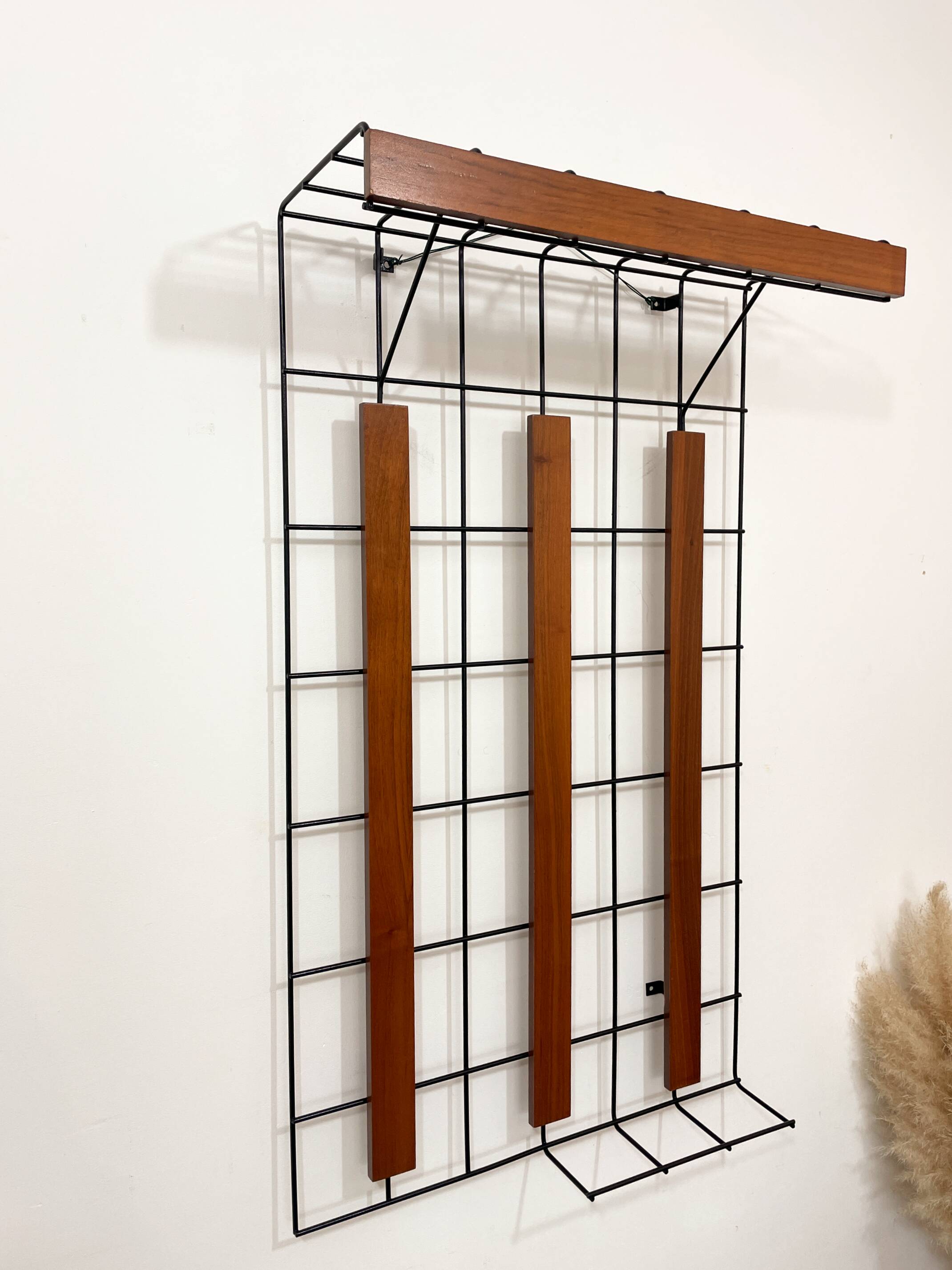 Metal and wood wall coat rack, 1950s-60s.
