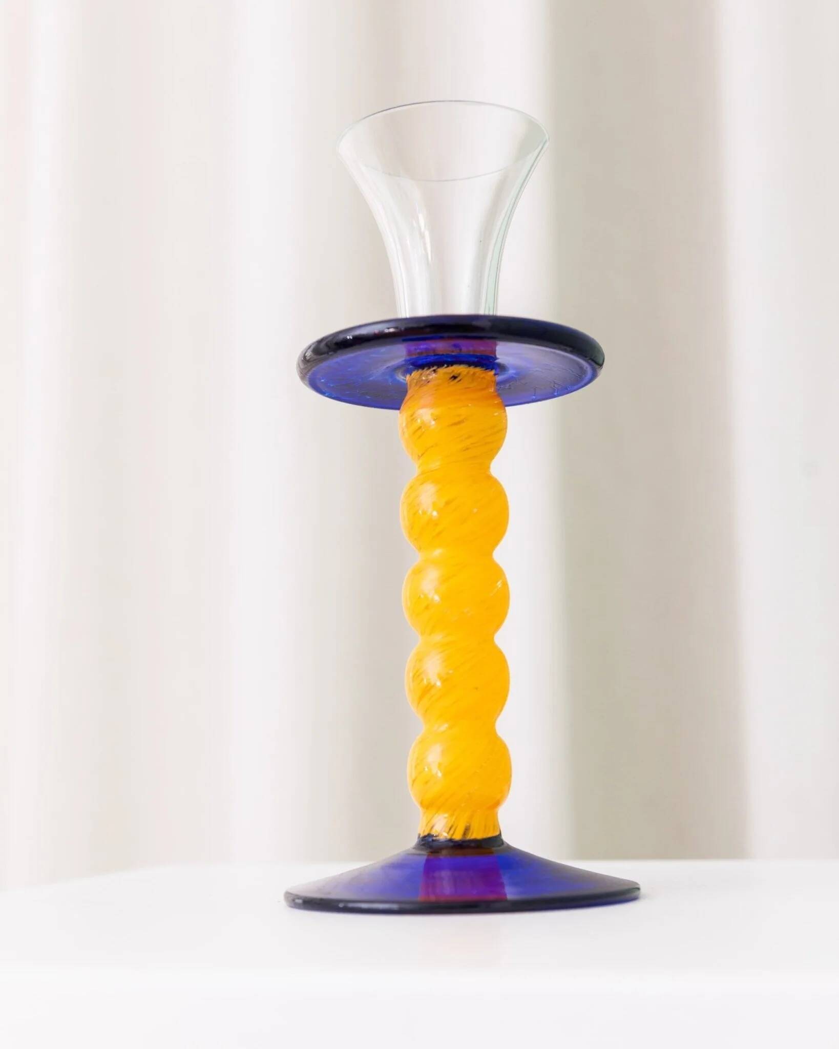 Murano Glass Candleholder - Postmodern Memphis Milano 1980s, Yellow Stem, Cobalt Base, Clear Cup
