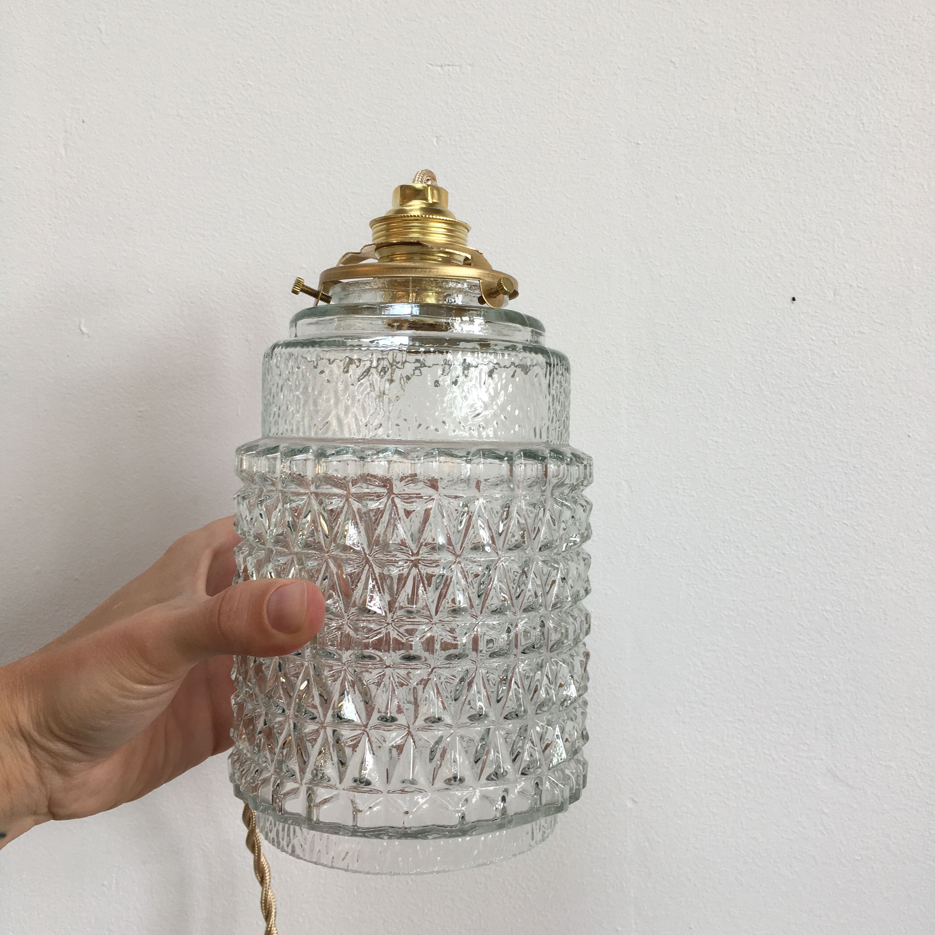 Pair of vintage molded pressed glass pendant lights