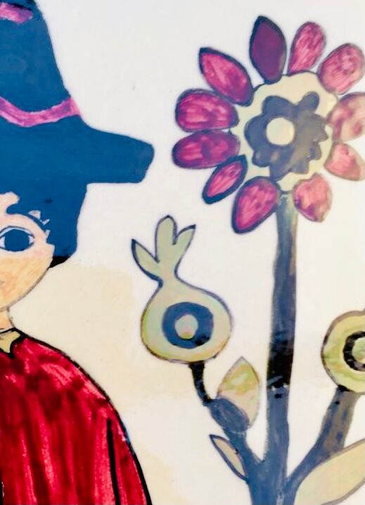 Vintage ceramic underside naïve rooster and gardener Dodik Bretagne naïve painting