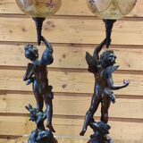 Pair of regulated kerosene lamps and marble
