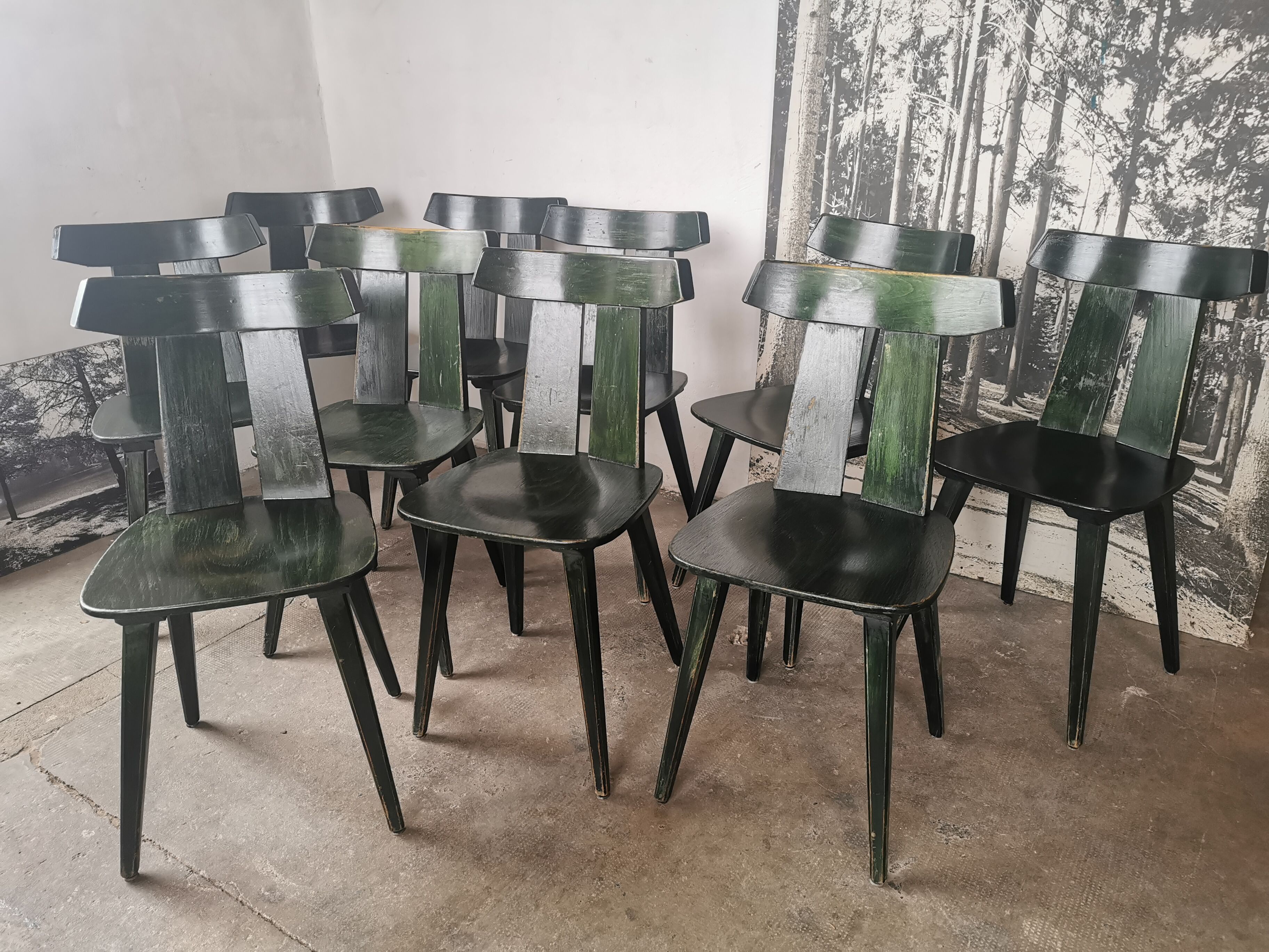 Set of 10 wooden bistro chairs