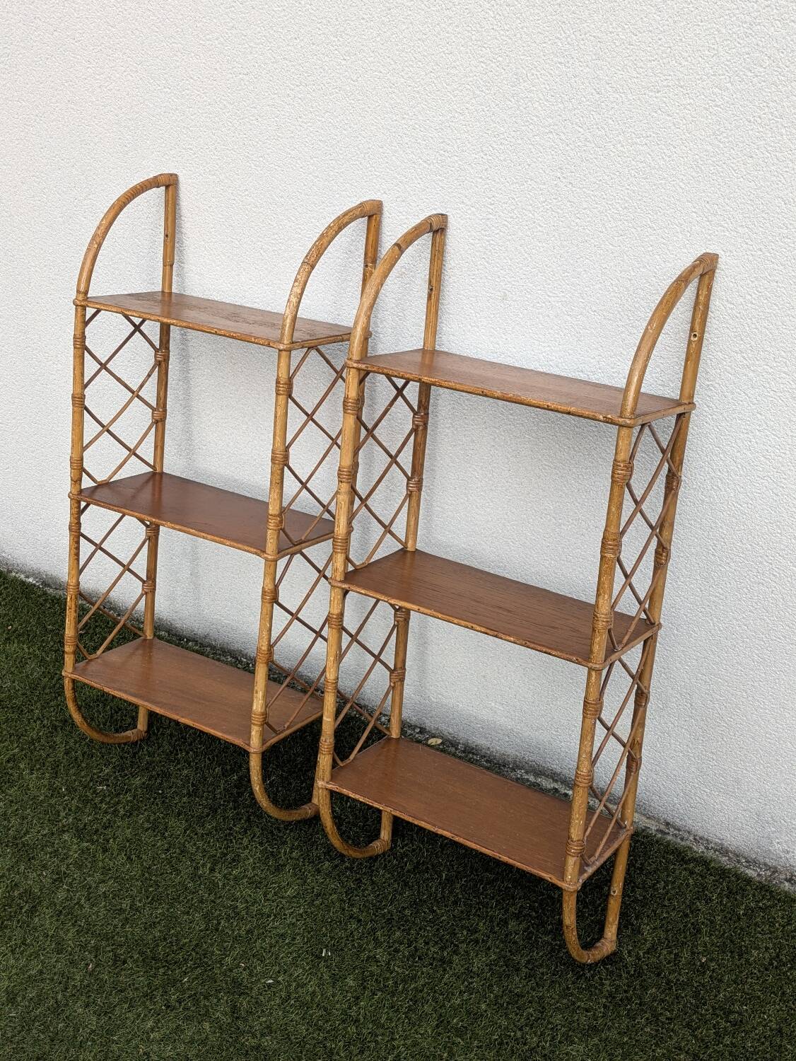 Pair of vintage bamboo and rattan wall shelves 1960