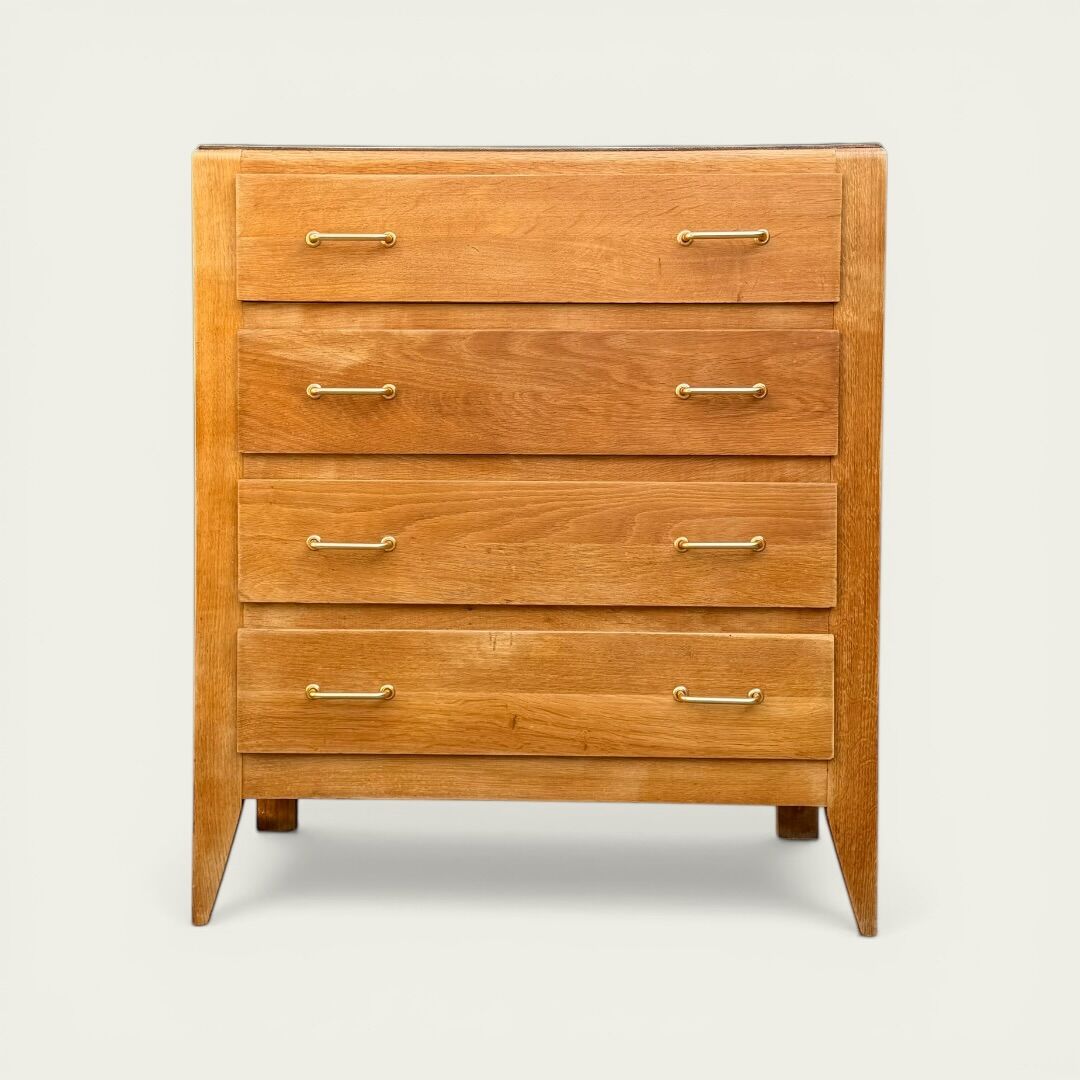 Vintage chest of drawers with tapered legs, solid raw oak, 1960.