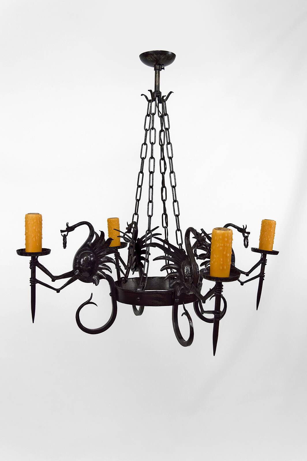 Lustre aux dragons en fer forgé, Italie, circa 1900