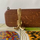 Vintage wooden wall coat rack with 4 double golden aluminum hooks