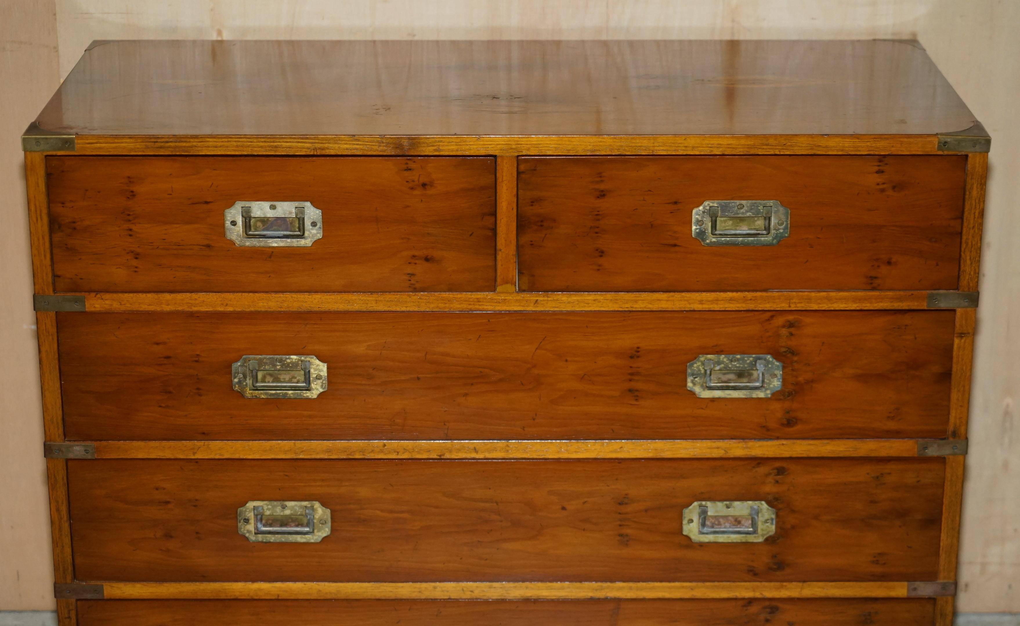 Vintage military campaign chest of drawers in burr yew wood.