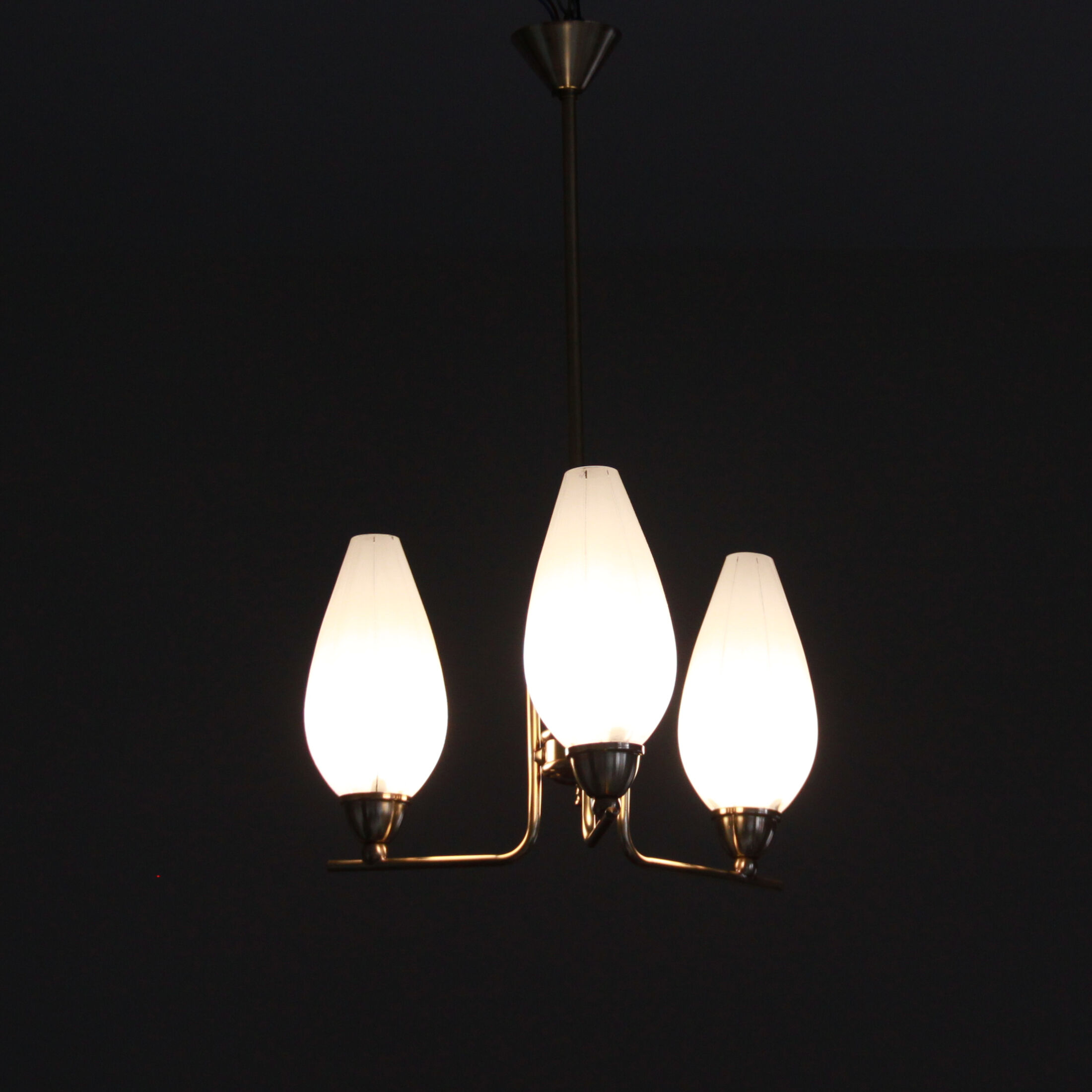 Brass chandelier and tulips in vintage white glass