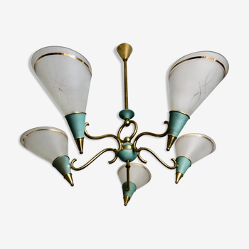 Chandelier cones green and gold 1950