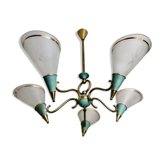 Chandelier cones green and gold 1950