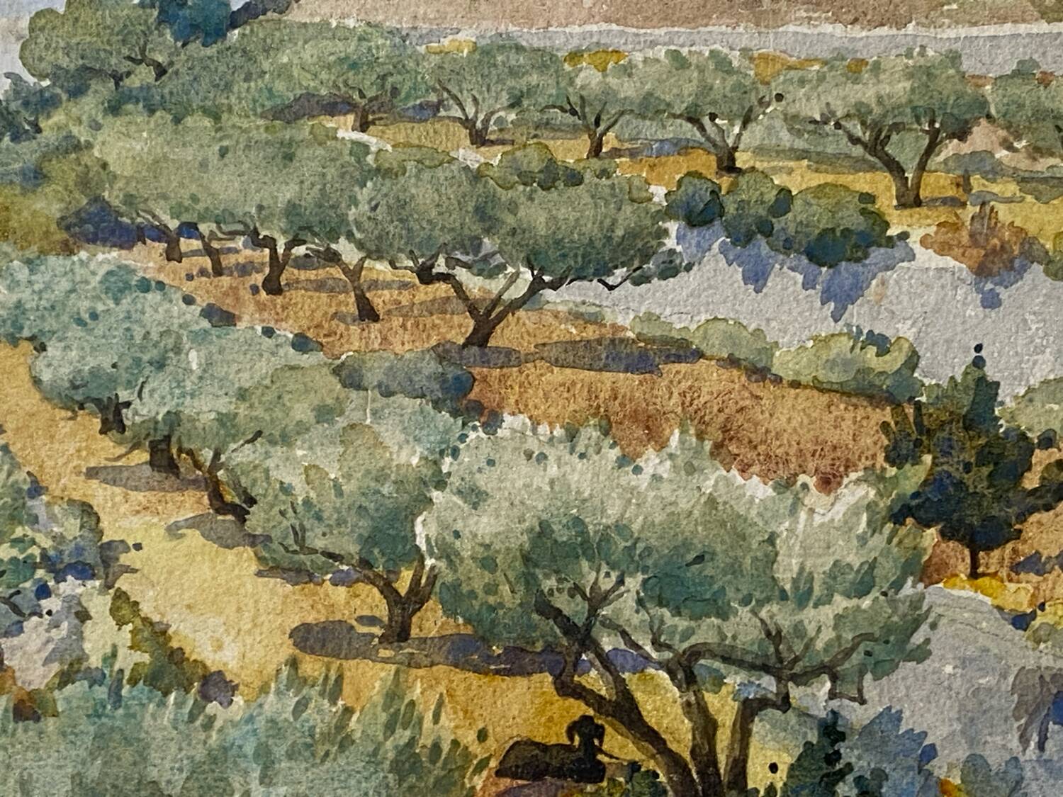 Watercolour landscape of Provence "the fort on the town", early 20th century.
