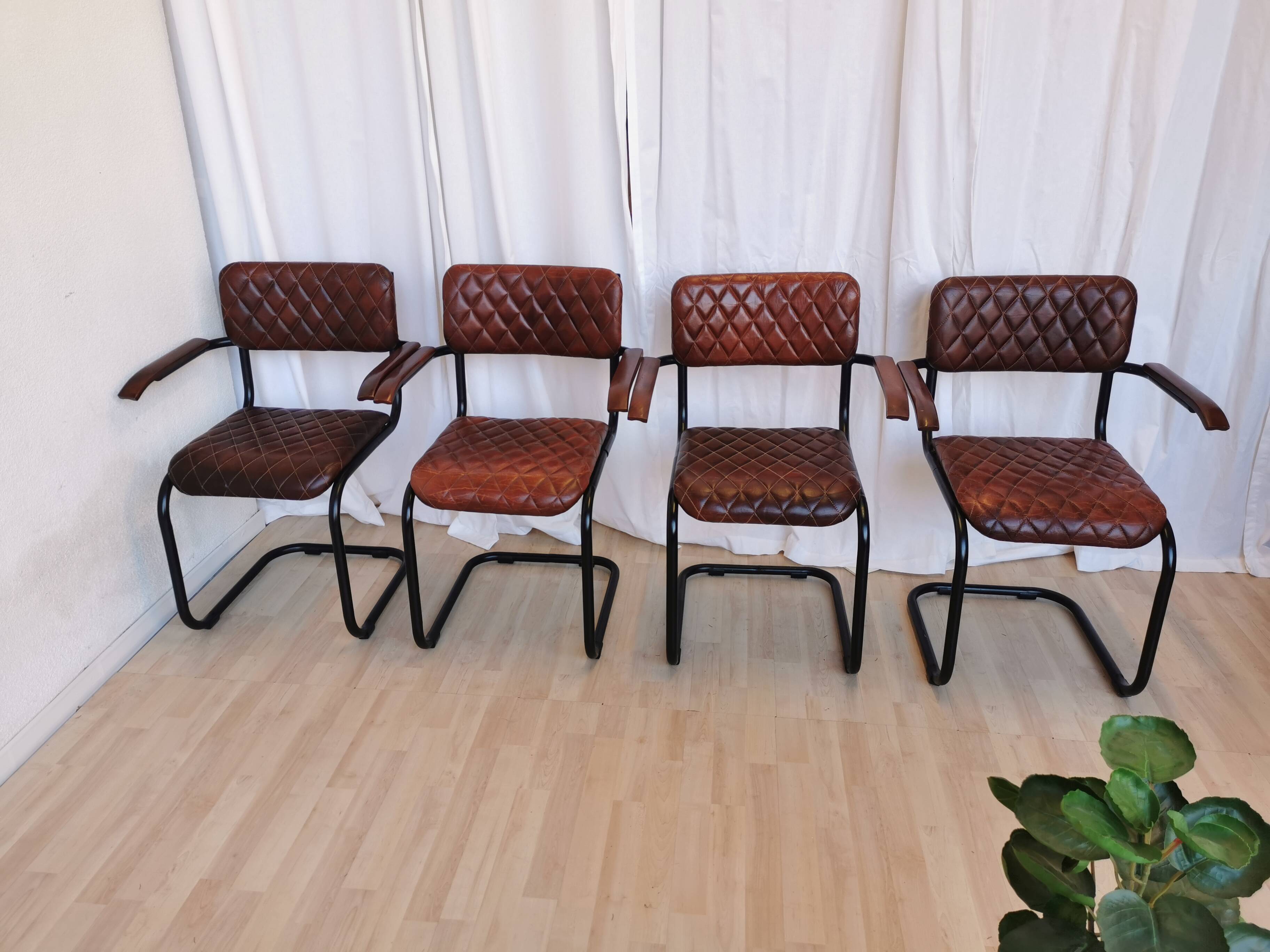 Set of 4 Vintage Quilted Leather Dining Chairs: Black Metal Base