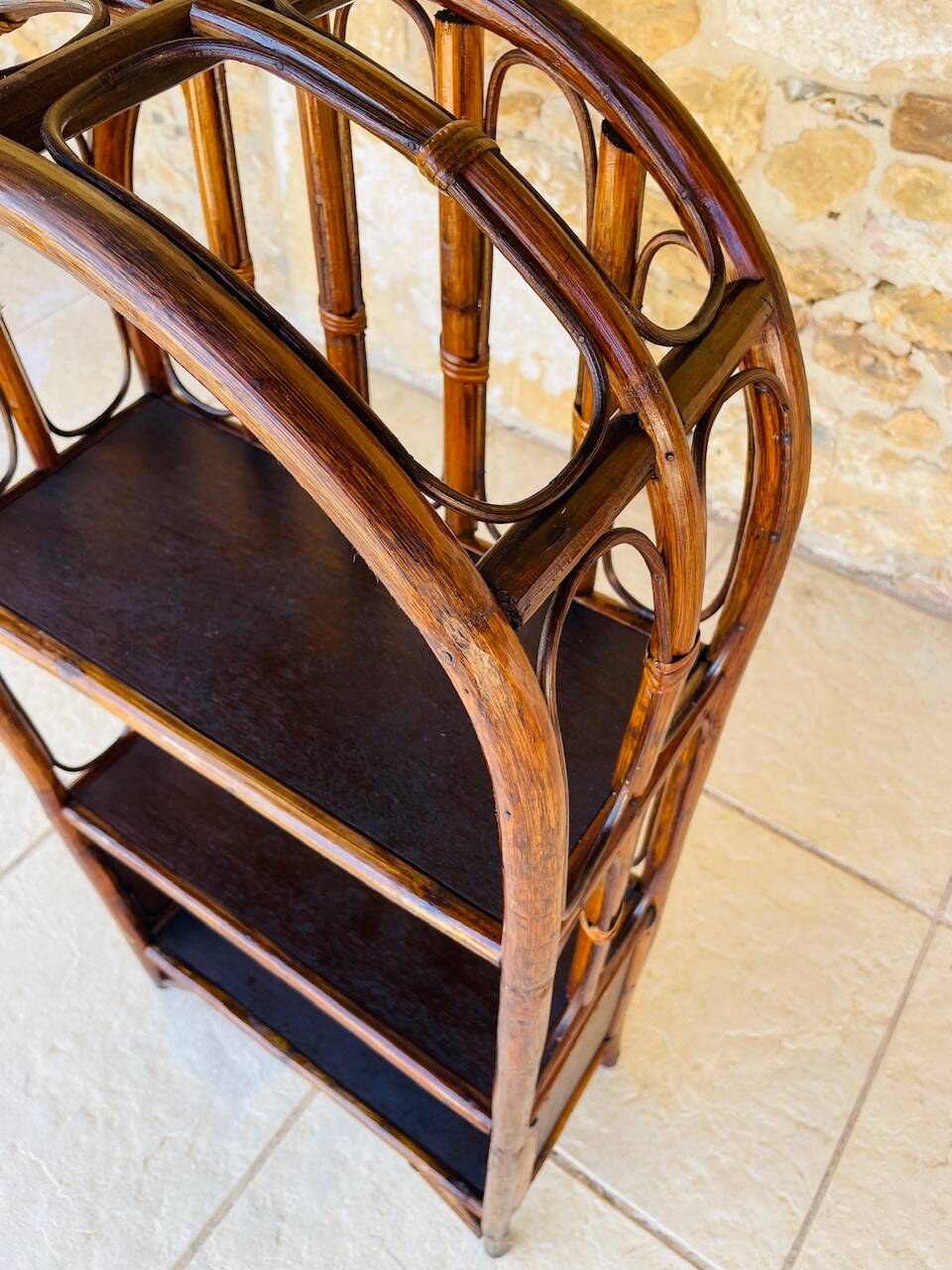 Vintage two-tier bamboo and rattan shelf with storage, Circa 1960