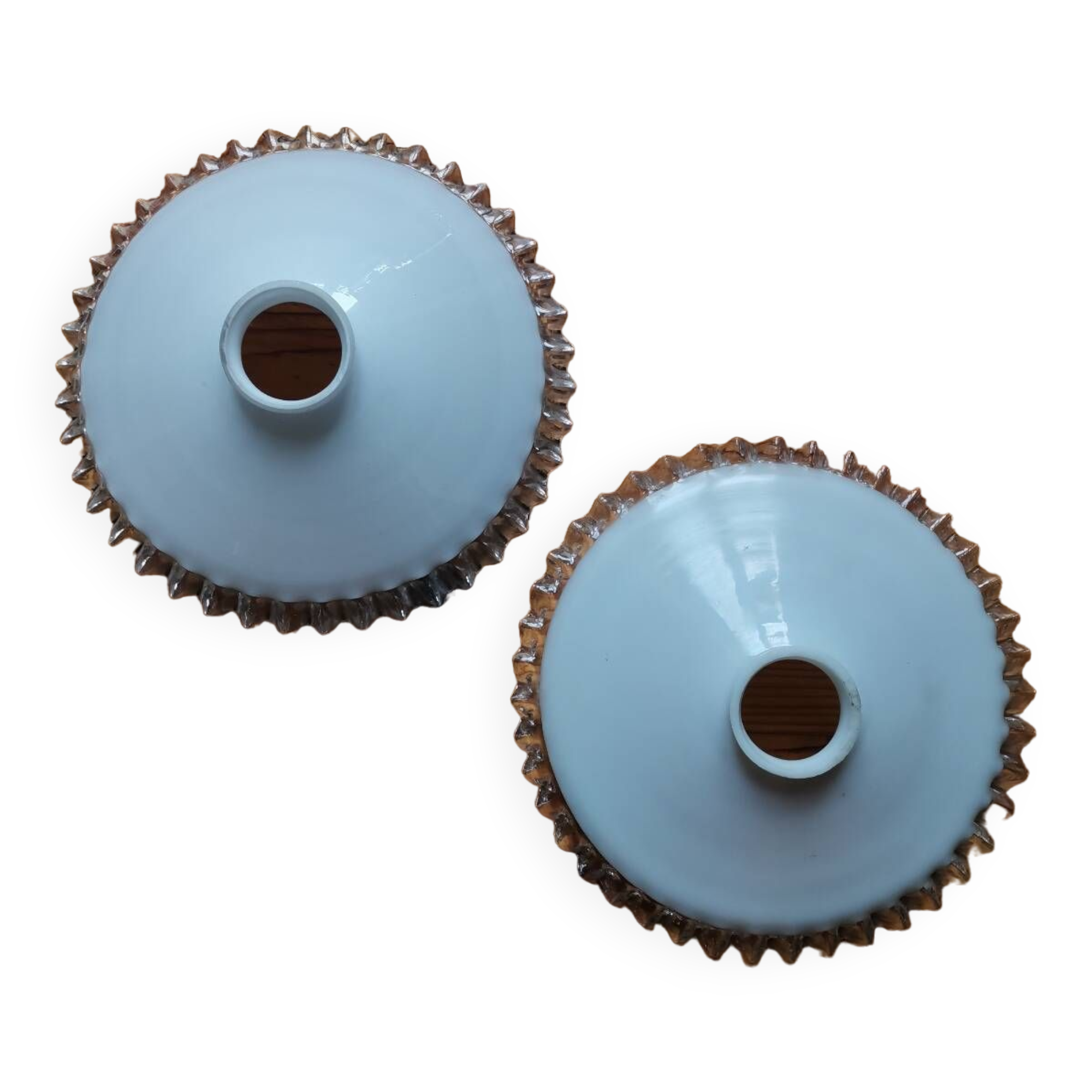 Set of 2 vintage pendant lampshades in wavy white opaline glass