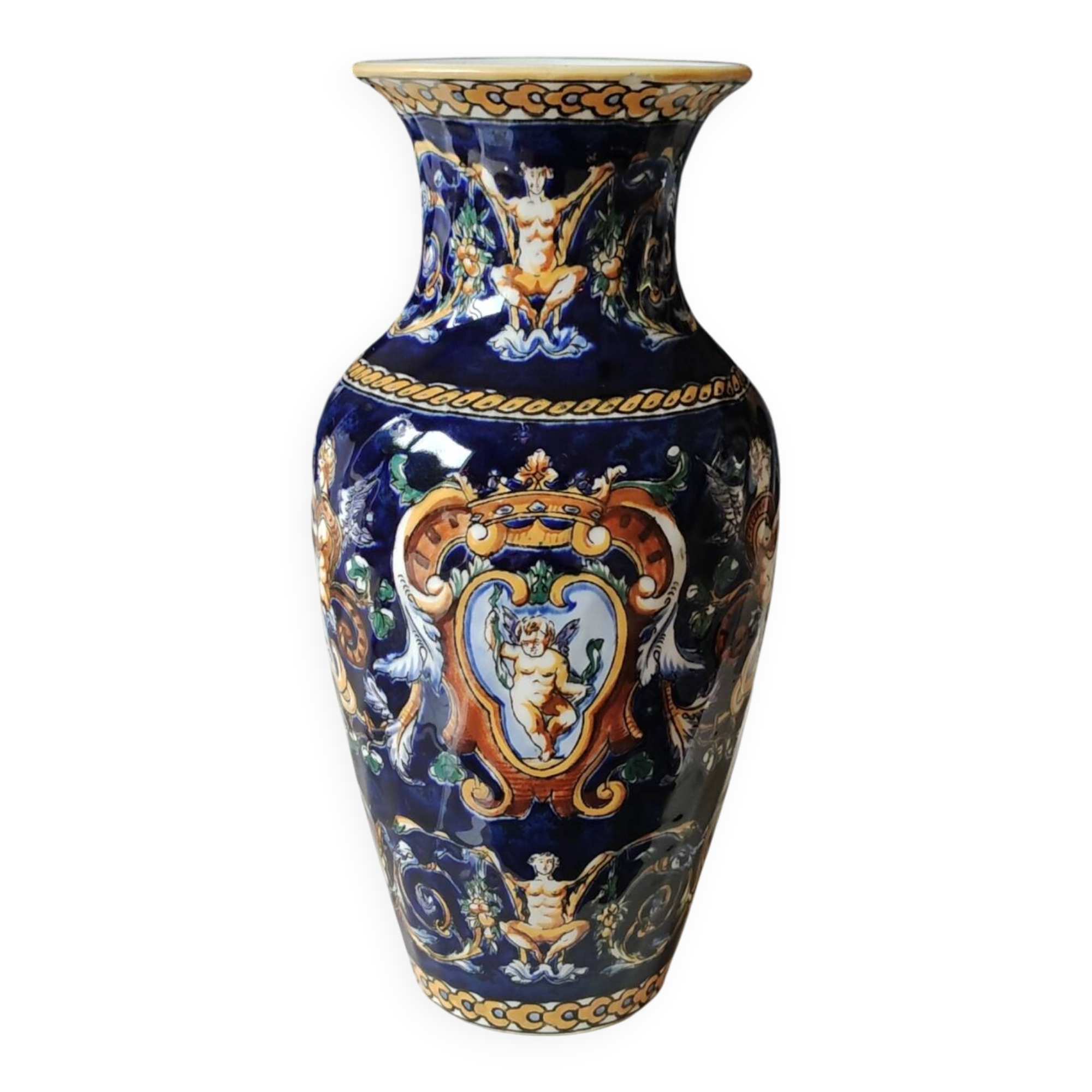 Twisted design vase. Signed Gien France/Renaissance blue background 26 x 13cm