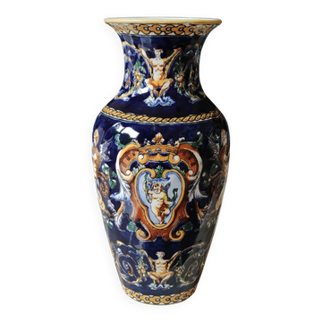 Twisted design vase. Signed Gien France/Renaissance blue background 26 x 13cm