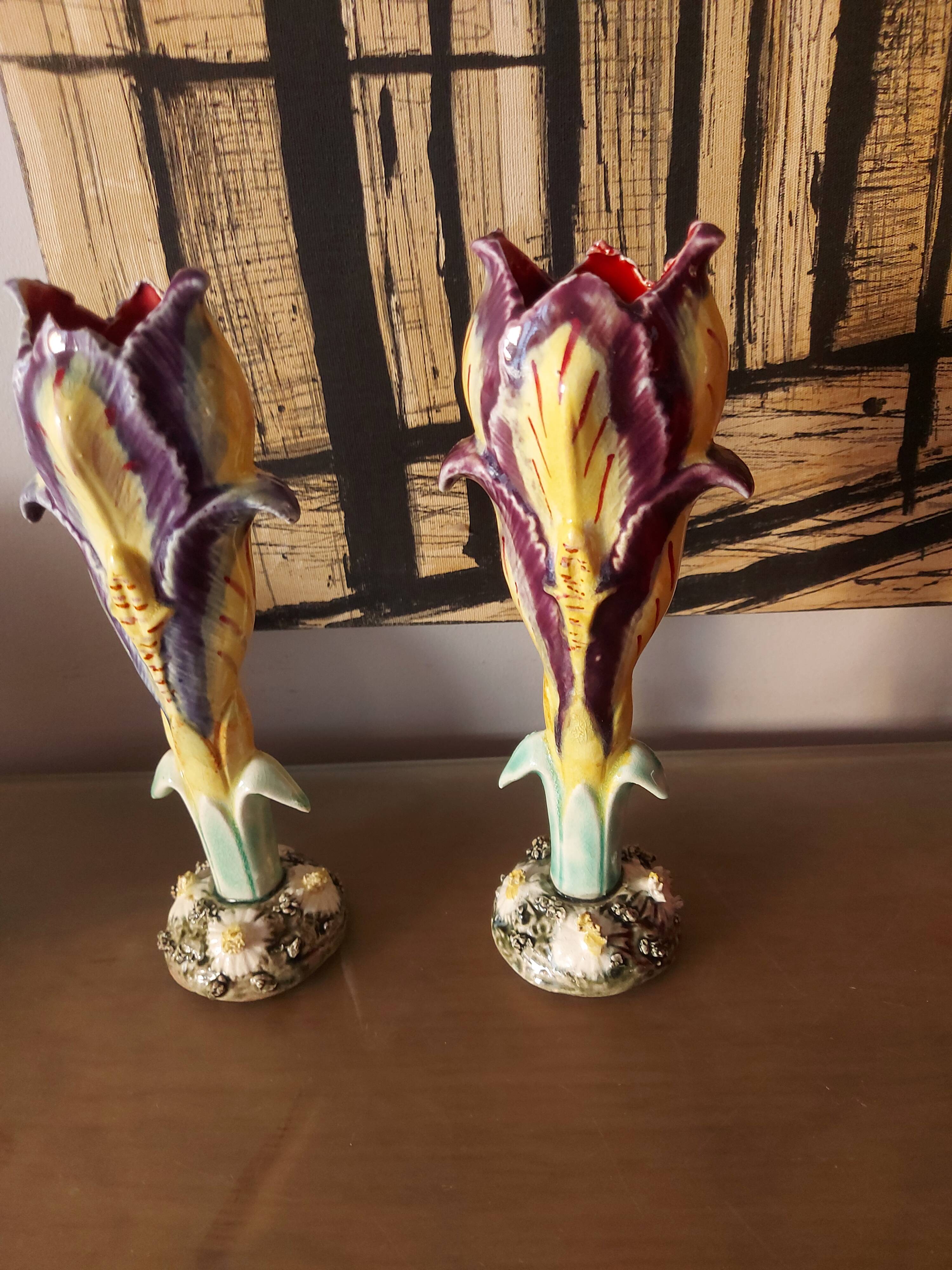 Pair of art nouveau slip vases, soliflore, iris