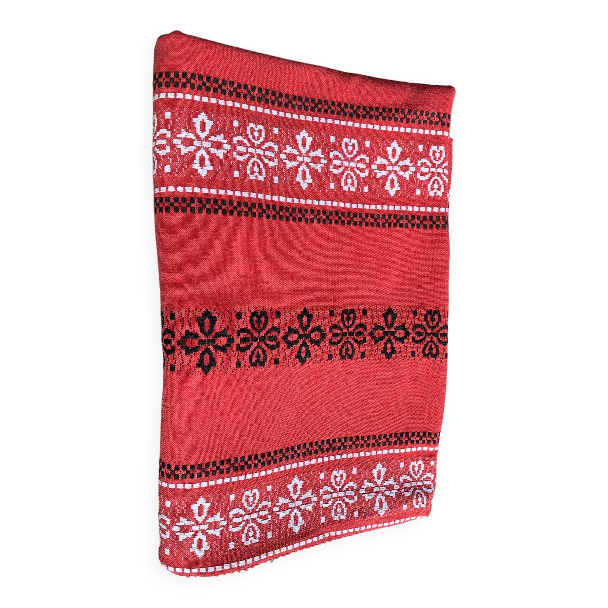 Rectangular tablecloth, Basque household linen in red cotton with black and white embroidery, vintage