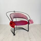 Postmodern Sculptural Armchair in Black Metal and Pink Red Silk Padding, 1980