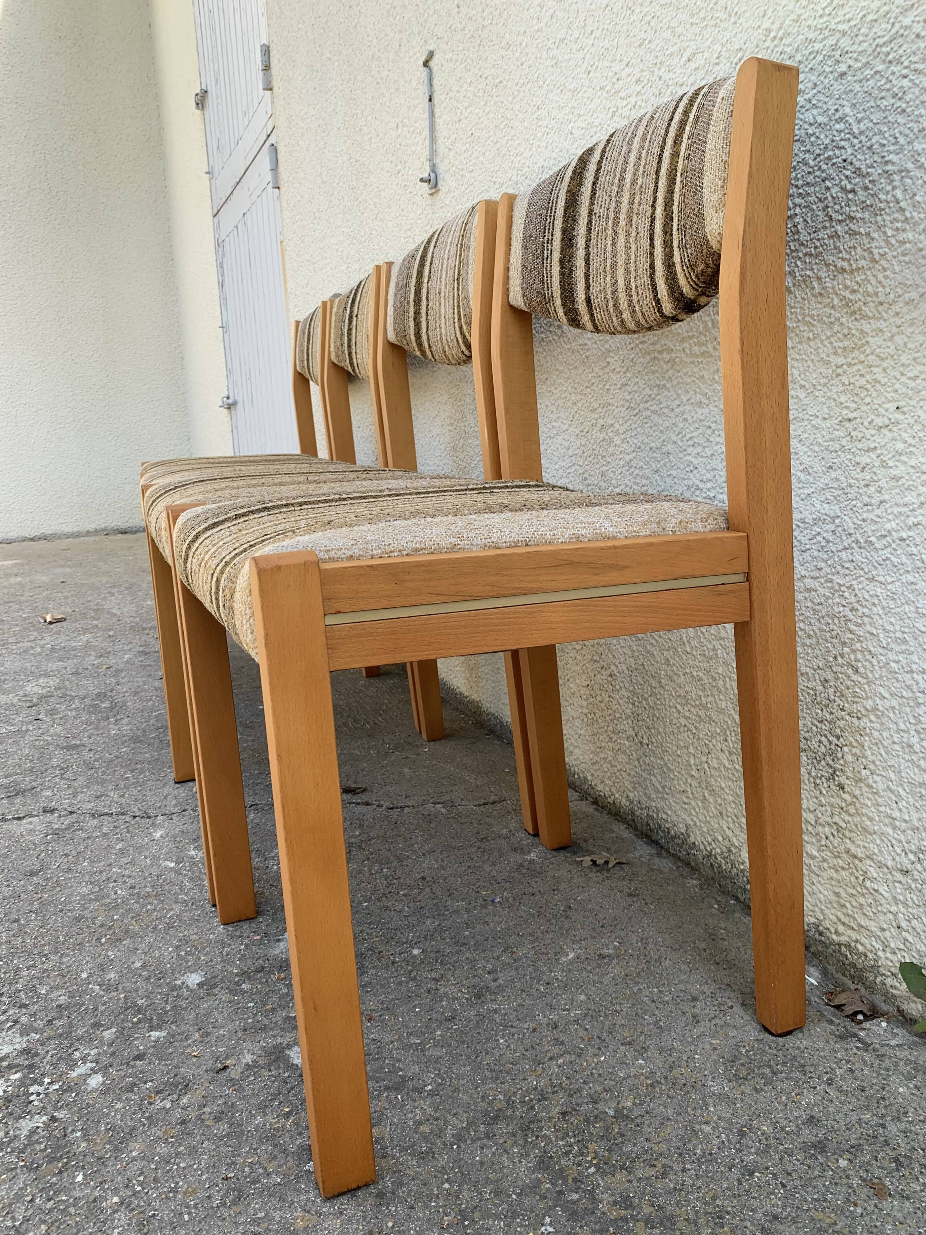 Suite of 4 chairs self beech brass and wool 1960