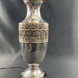 Large Louis XVI style silver metal lamp base on green marble base