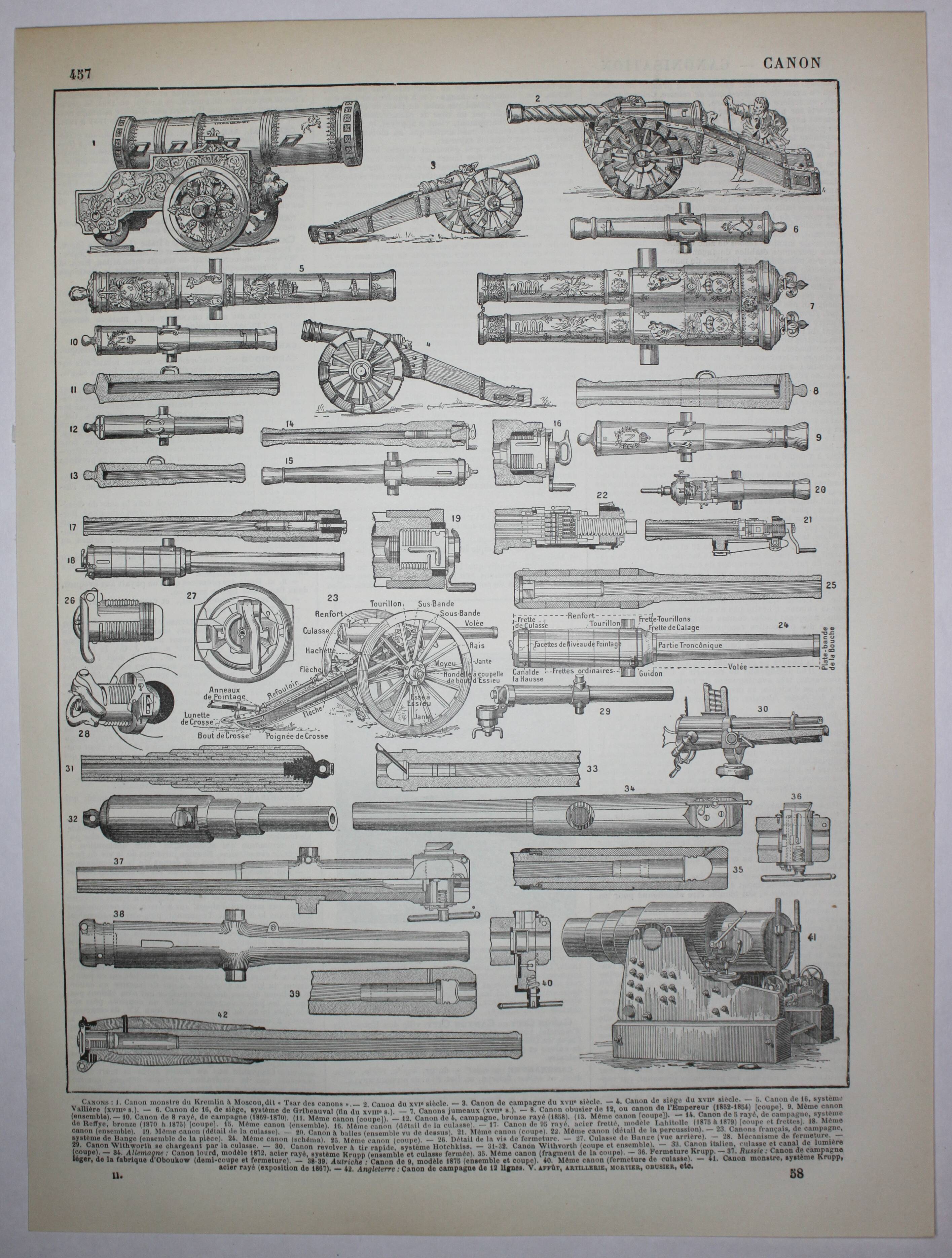 Engraving • antique barrel, mortar, rifle • original lithograph from 1898