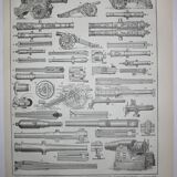 Gravure, canon ancien, mortier, fusil • lithographie originale de 1898