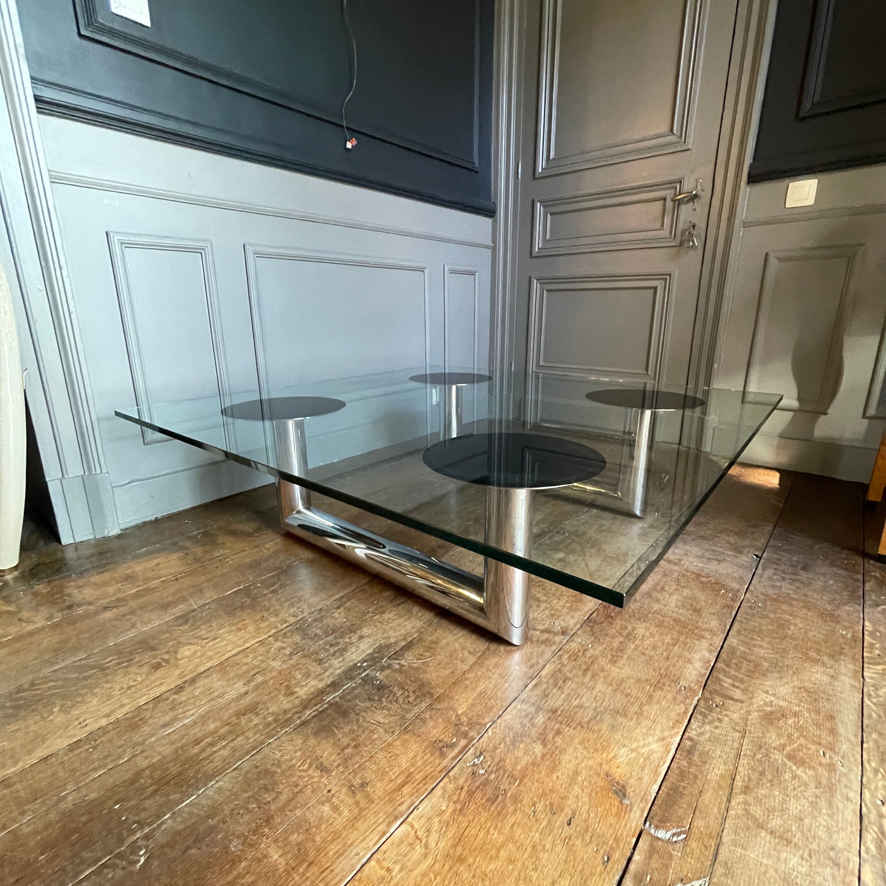 Large square coffee or coffee table in chromed steel, Italian design, ca 1970