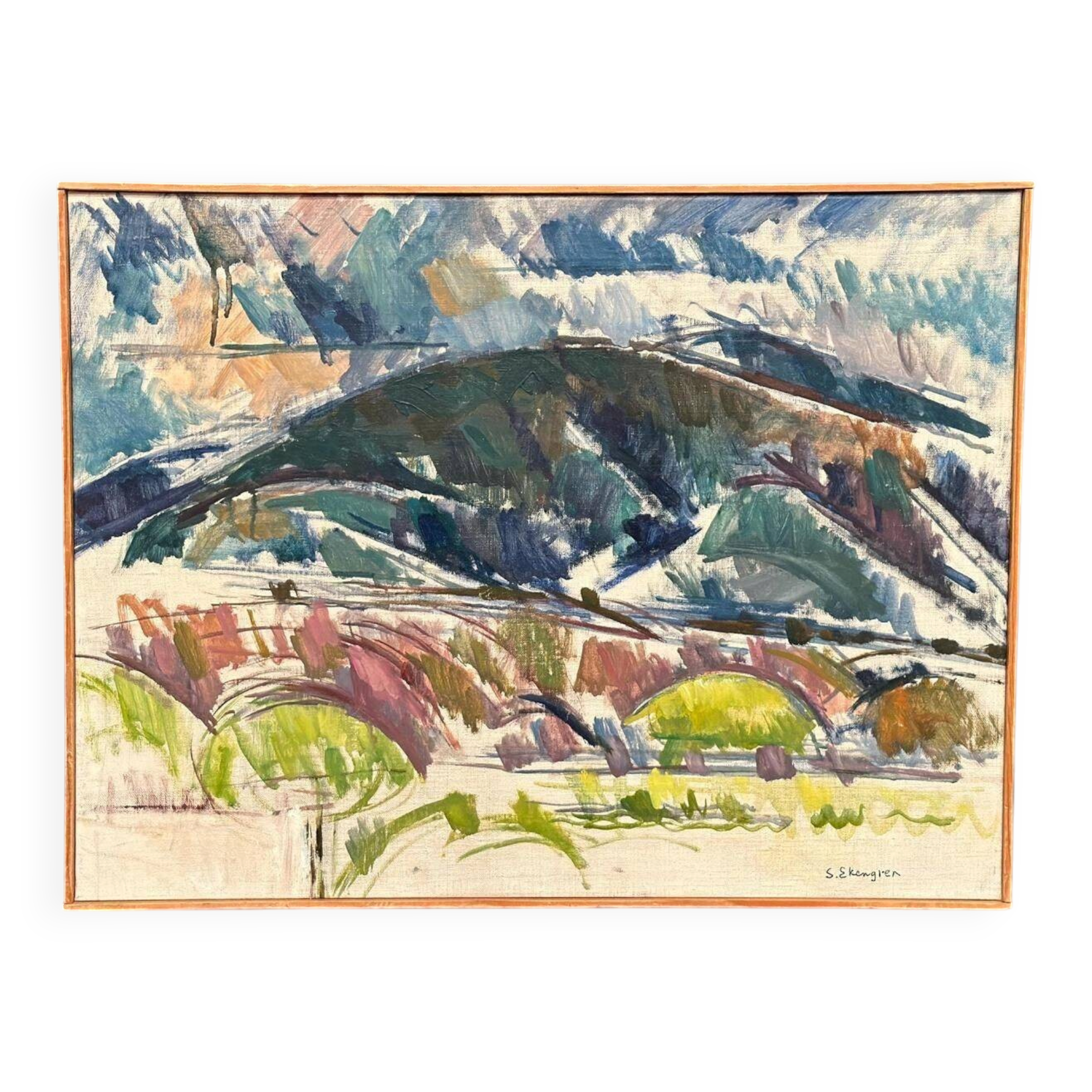 Original huile sur toile suédoise du milieu du siècle – « Paysage serein » par Sture Ekengren – Vintage et encadré