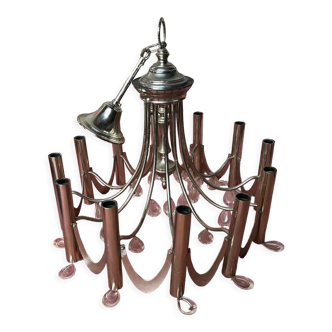 Chome metal chandelier and 12-light pendants 1970