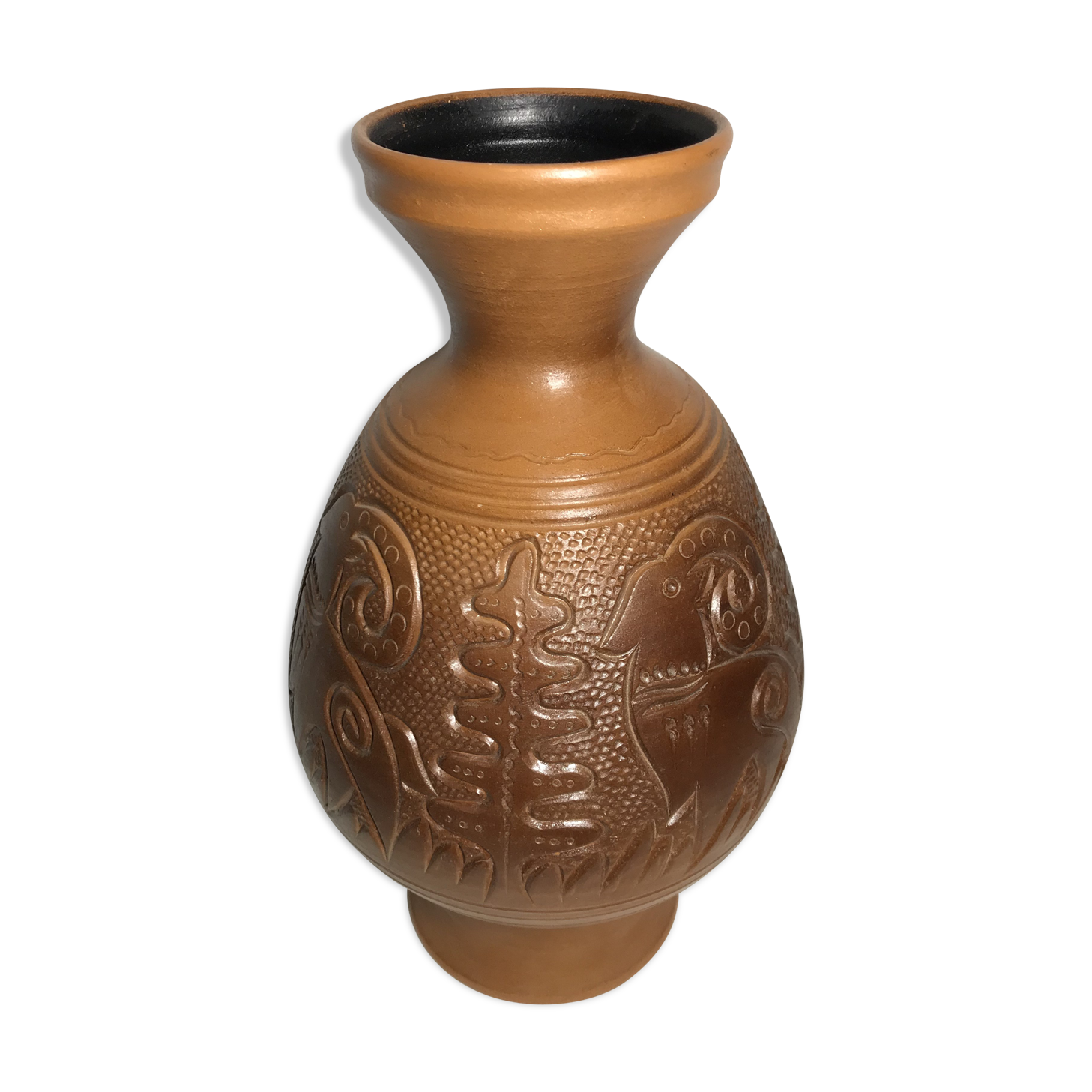 Old terracotta vase carved interior black vintage