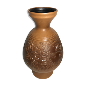 Vase ancien terre cuite sculpté interieur noir vintage