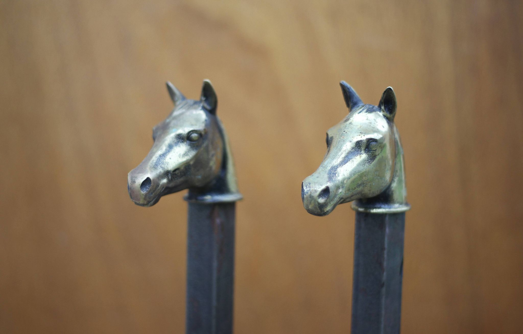 Vintage fireplace andirons, pair of cast iron animal andirons, brass horse head