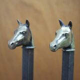 Vintage fireplace andirons, pair of cast iron animal andirons, brass horse head