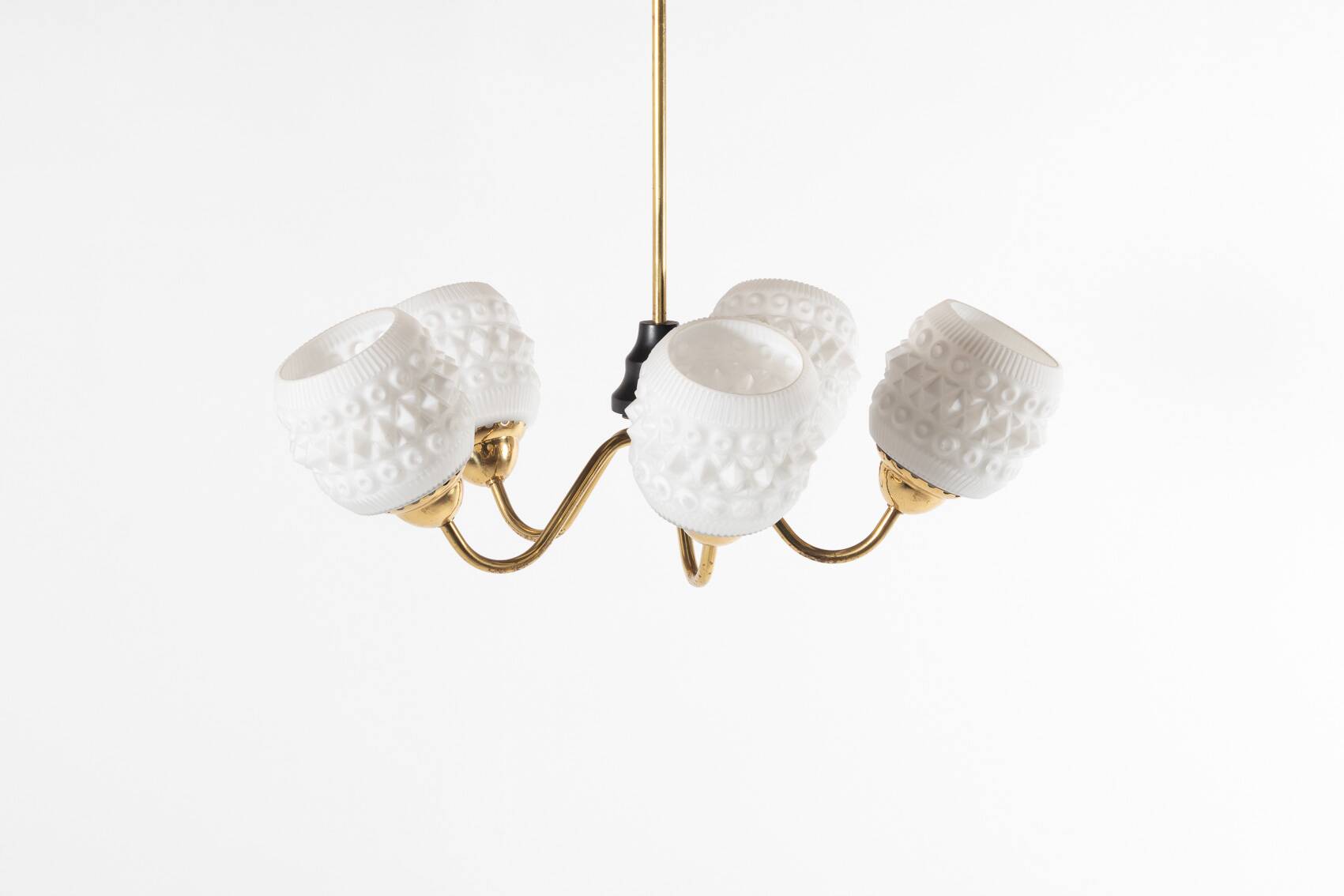White crystal shades brass ceiling lamp, Sweden 1950’s