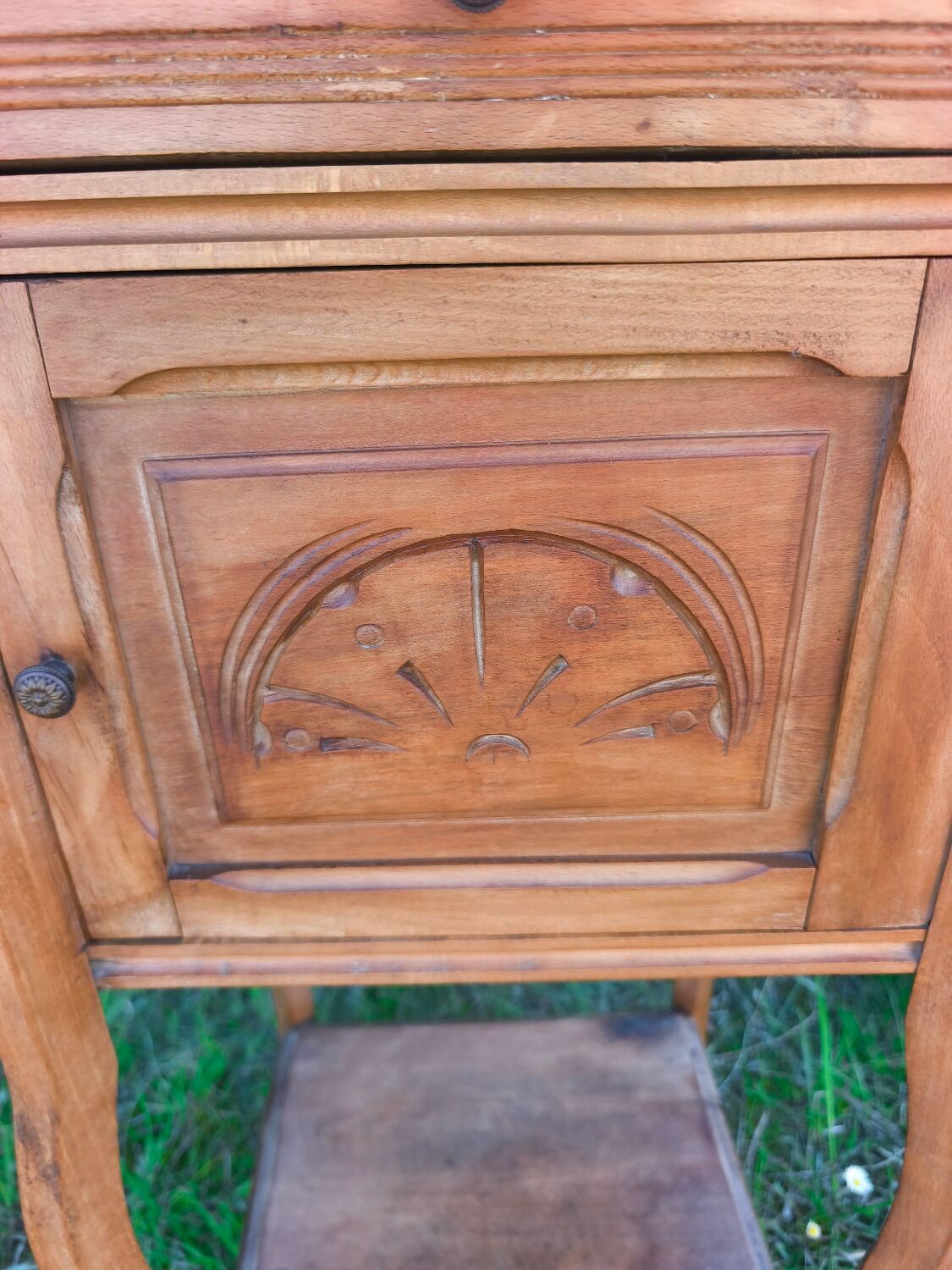 Louis XV style bedside table in wood veneer and marble