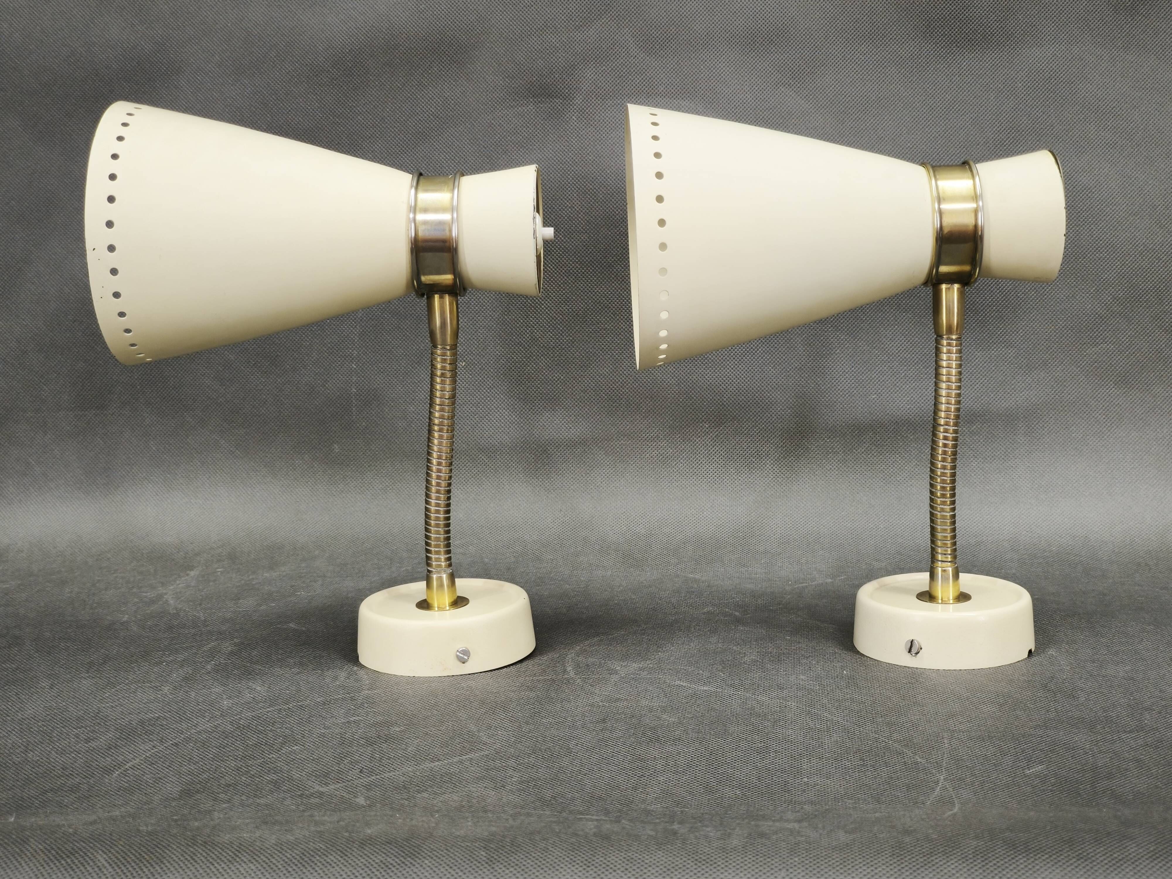 Pair of 1960s German Stilnovo Style Brass and Cream Adjustable Wall Sconces