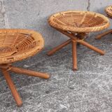 Low wicker and rattan stools, 1970s. (Set of 3)