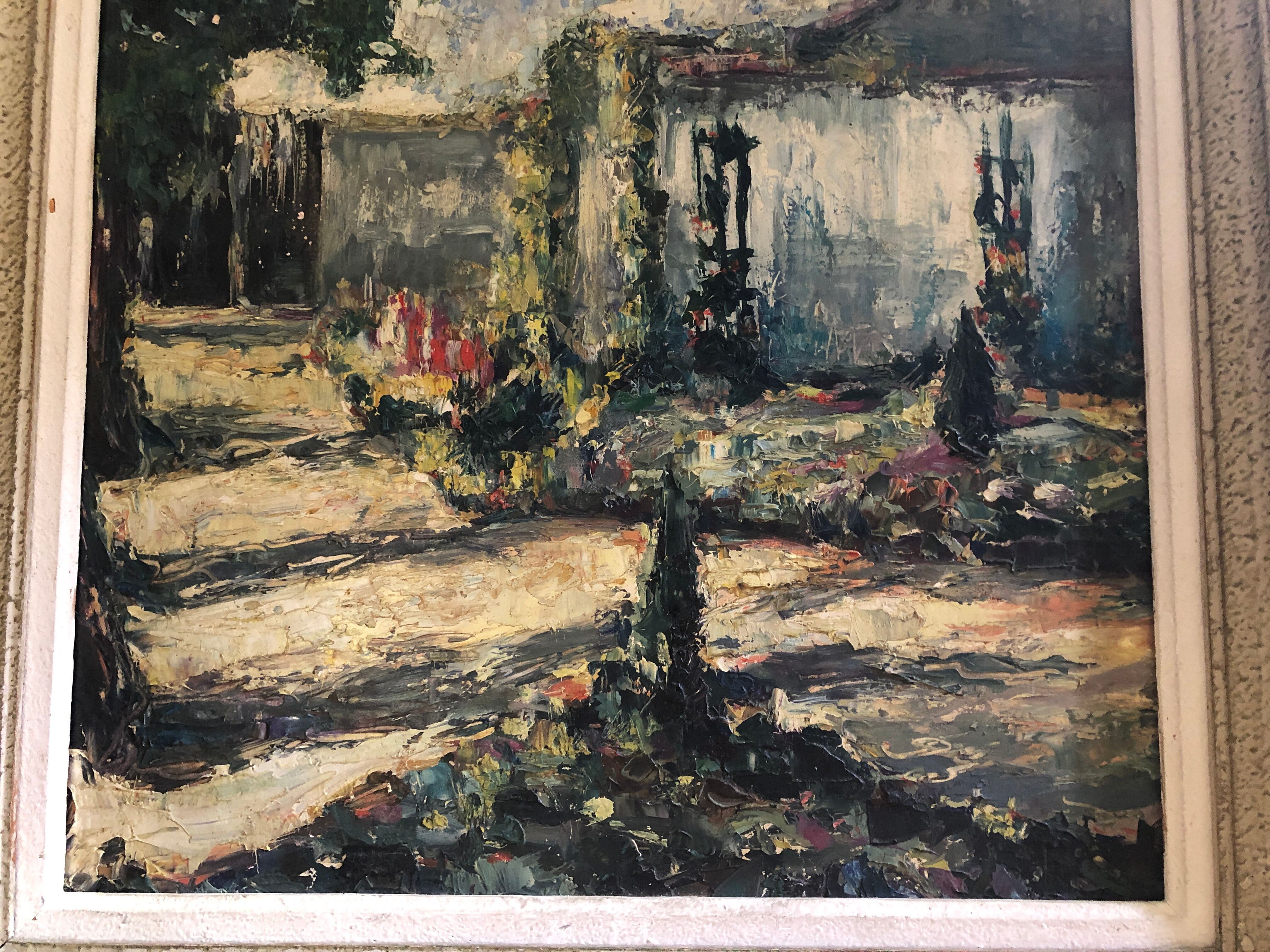 Ancien tableau huile au couteau sur panneau avec cadre bois vintage
